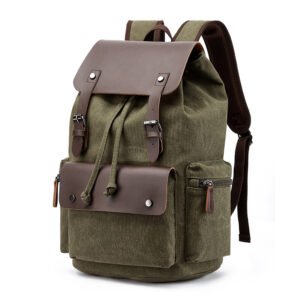 a men's army green backpack with brown straps